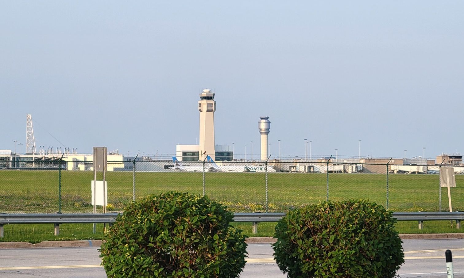 A view of two air traffic control towers in Cleveland.